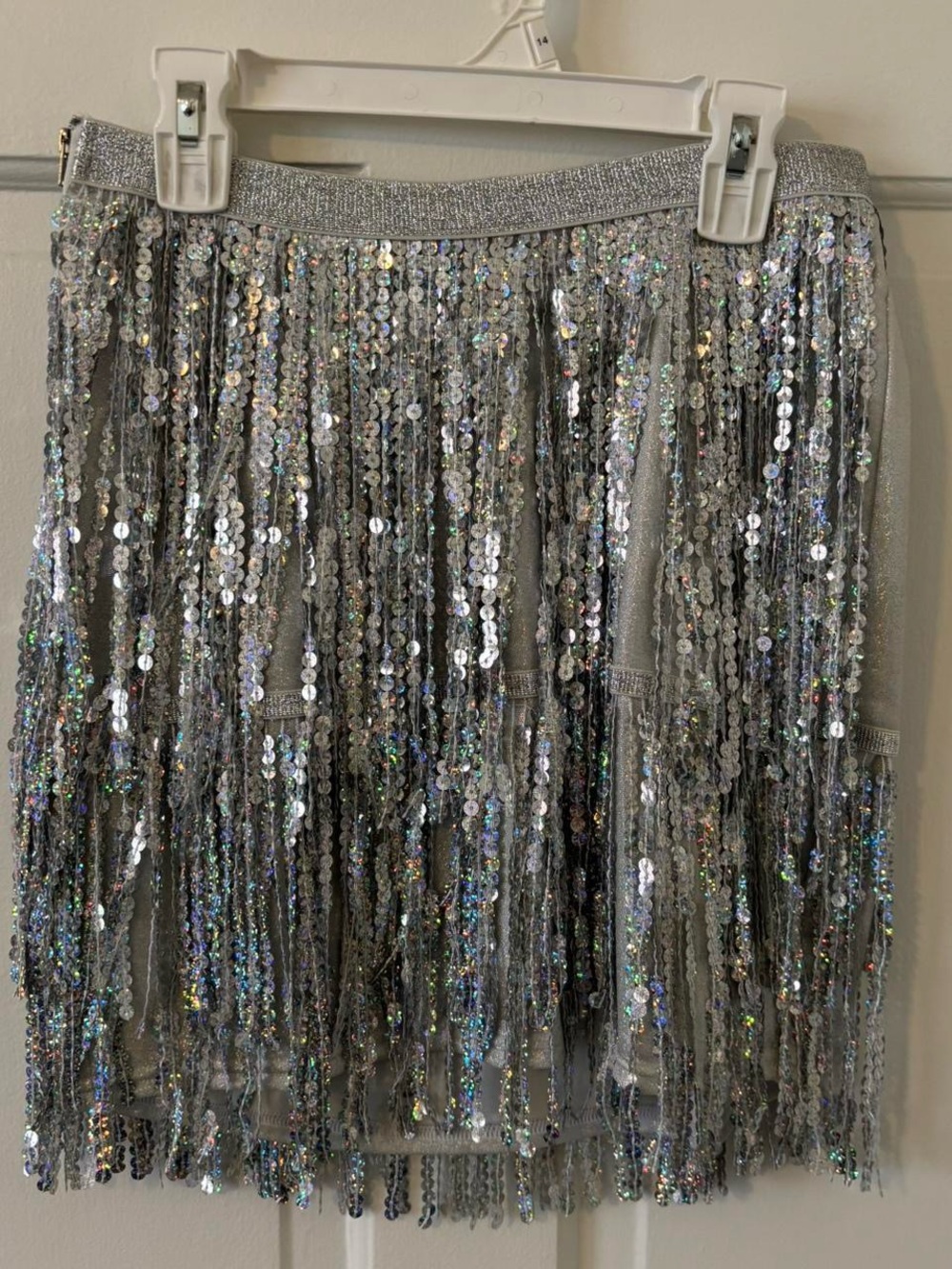 Amazon Silver Sequin Fringe Mini Skirt